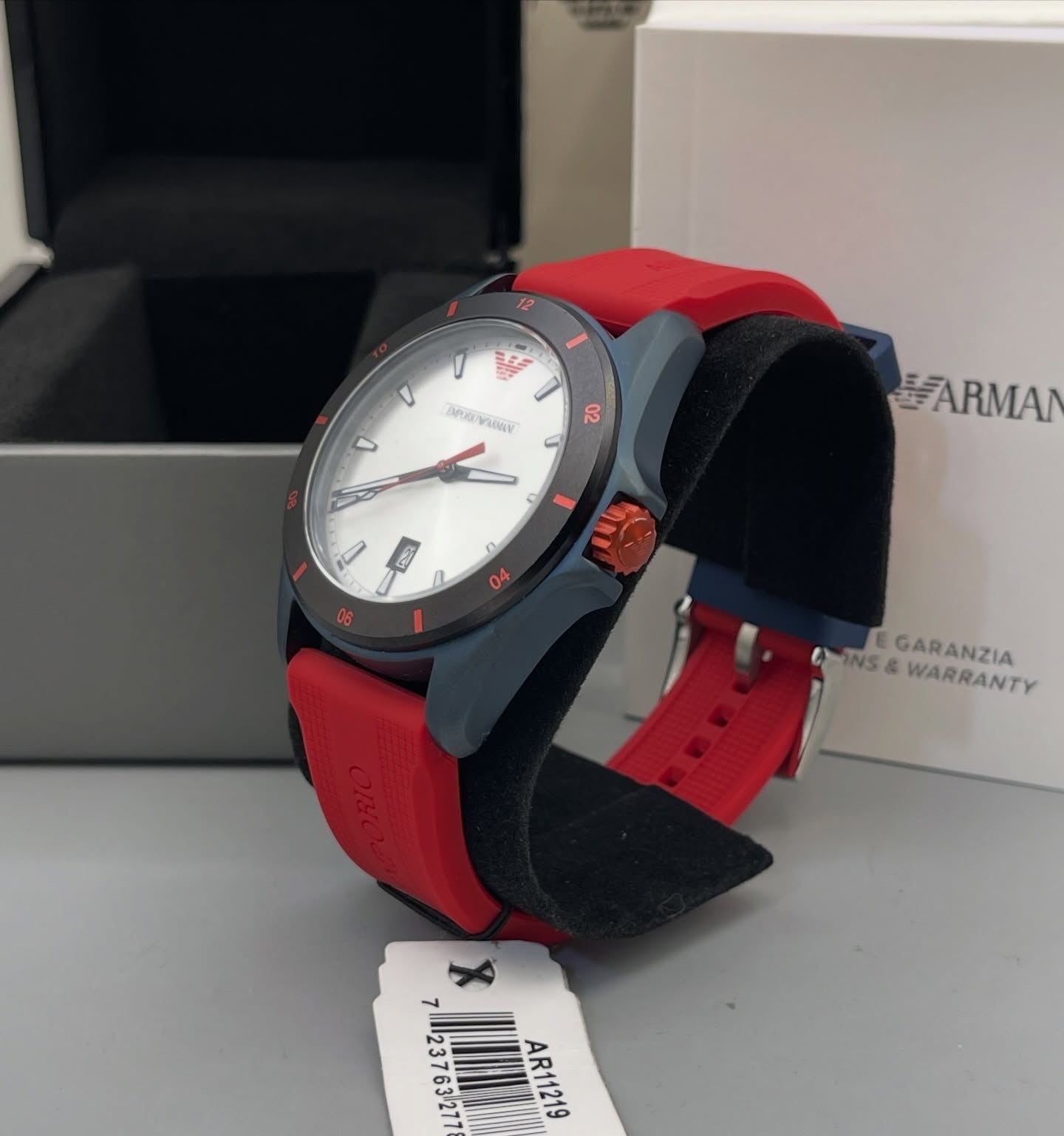 Emporio Armani Sigma Silver Dial Red Silicone Strap Watch for Men - AR11219