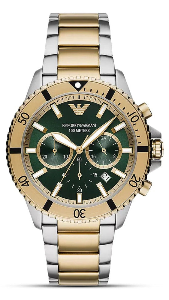 Emporio Armani Sea Explorer Chronograph Green Dial Two Tone Steel Strap Watch for Men - AR11586