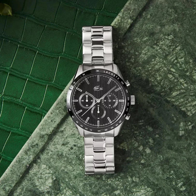 Lacoste Boston Chronograph Black Dial Silver Steel Strap Watch for Men - 2011079