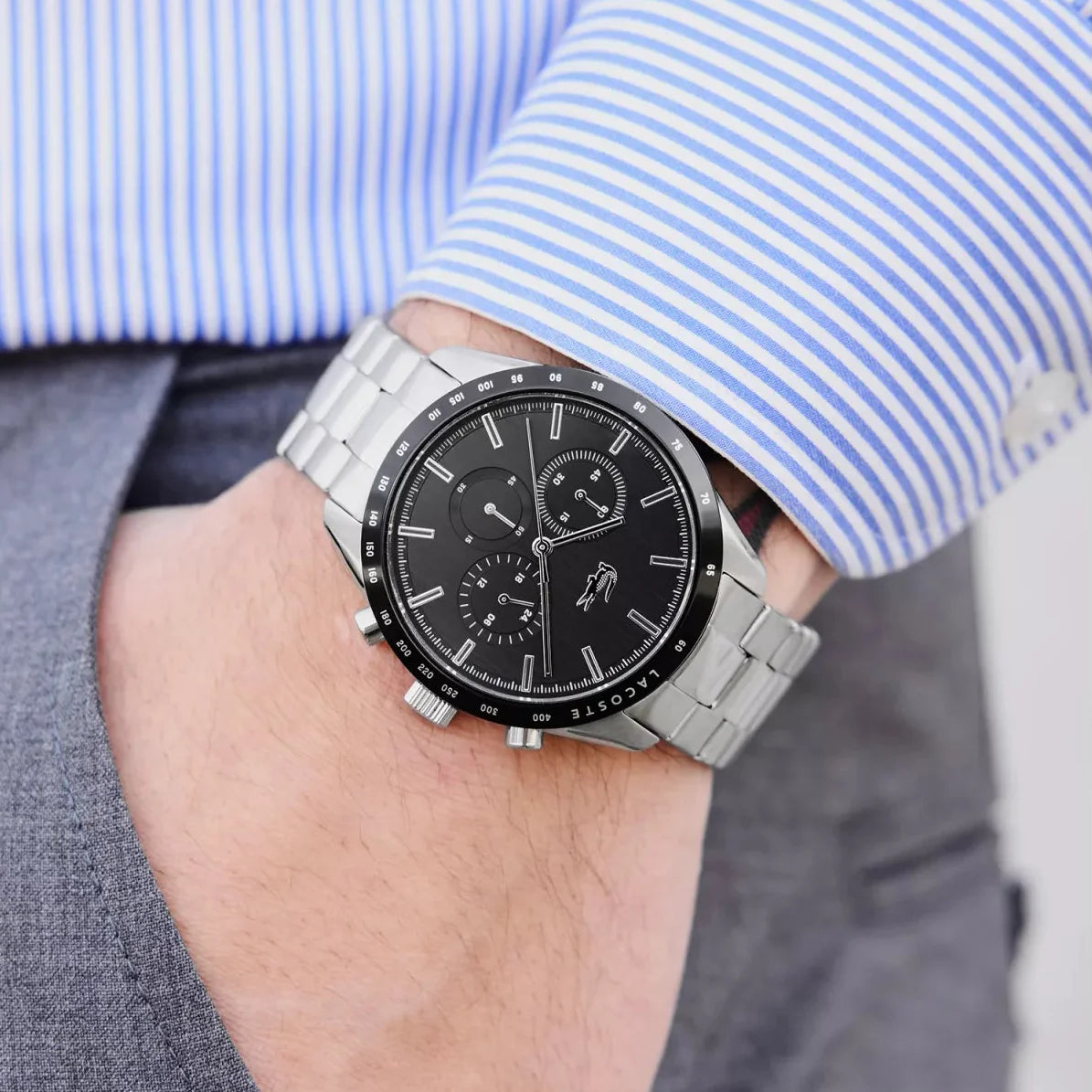 Lacoste Boston Chronograph Black Dial Silver Steel Strap Watch for Men - 2011079