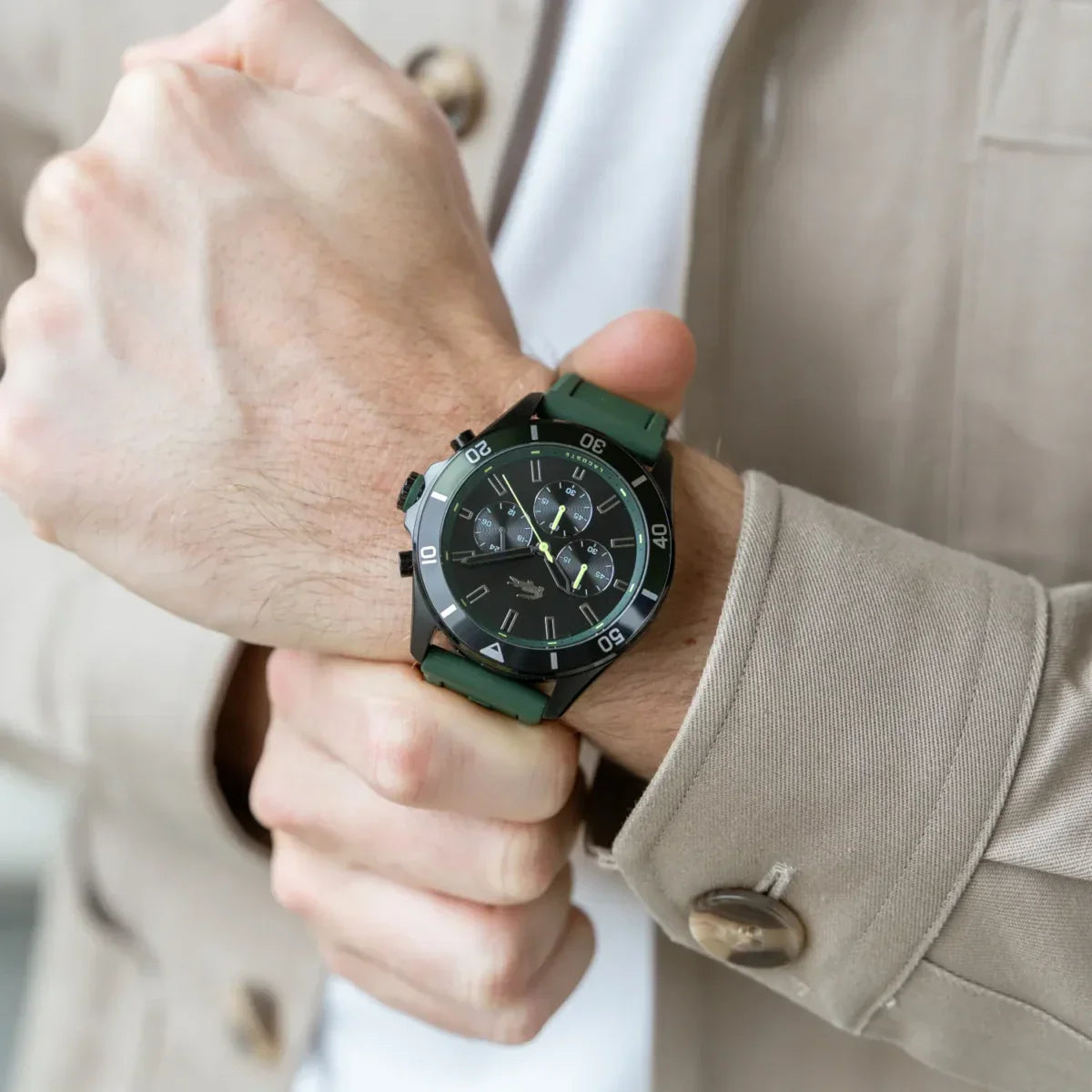 Lacoste Tiebreaker Chronograph Black Dial Green Silicon Strap Watch for Men - 2011153