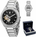 Maserati Stile Skeleton Automatic Black Dial Silver Steel Strap Watch For Men - R8823142002