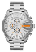 Diesel Mega Chief Chronograph White Dial Silver Steel Strap Watch For Men - DZ4328