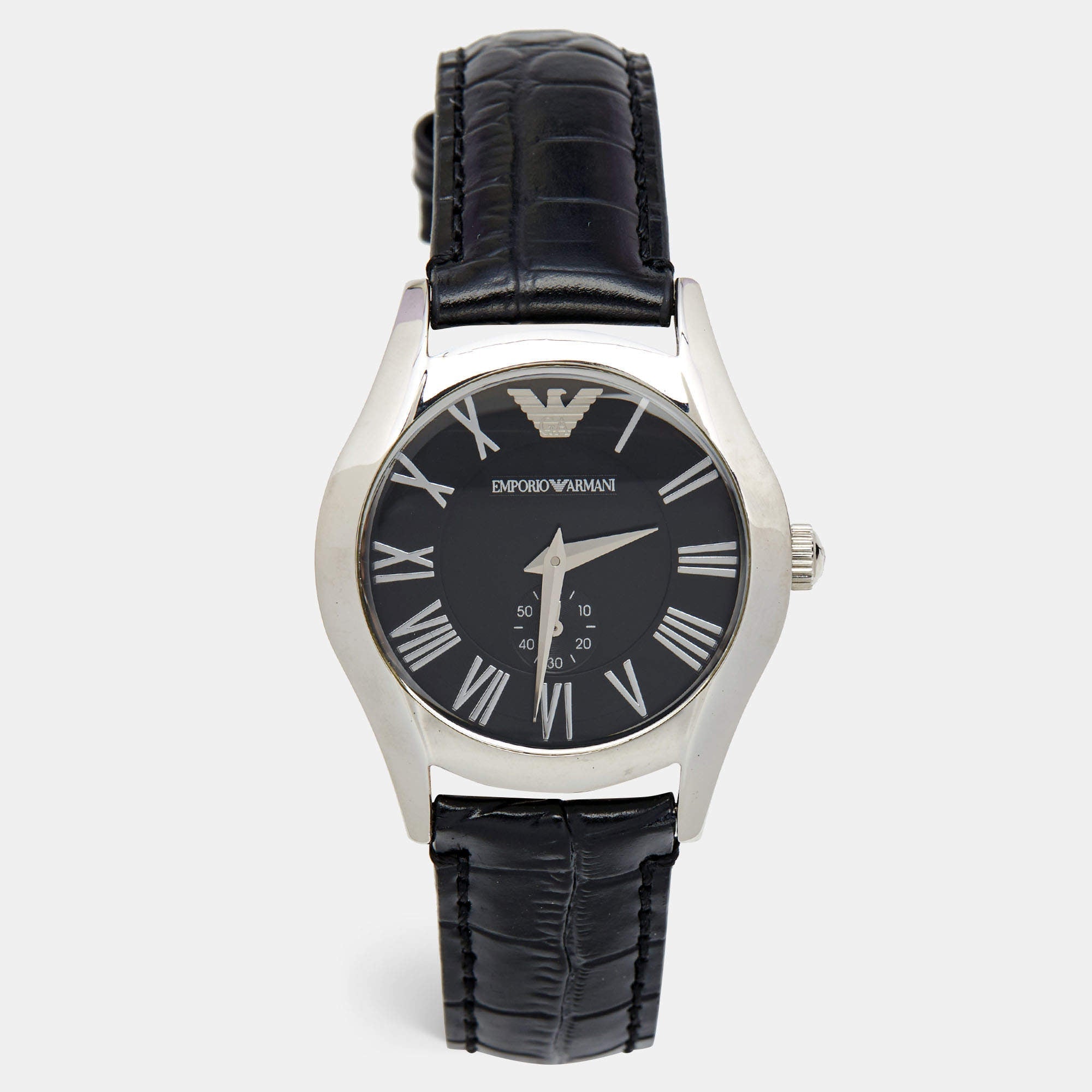 Emporio Armani Velente Black Dial Black Leather Strap Watch For Women - AR0644