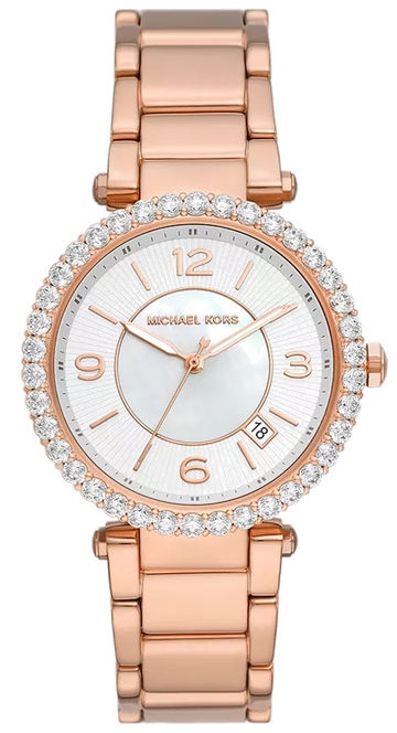 Michael Kors Parker Three-Hand Mother of Pearl White Dial Rose Gold Steel Strap Watch For Women - MK4695