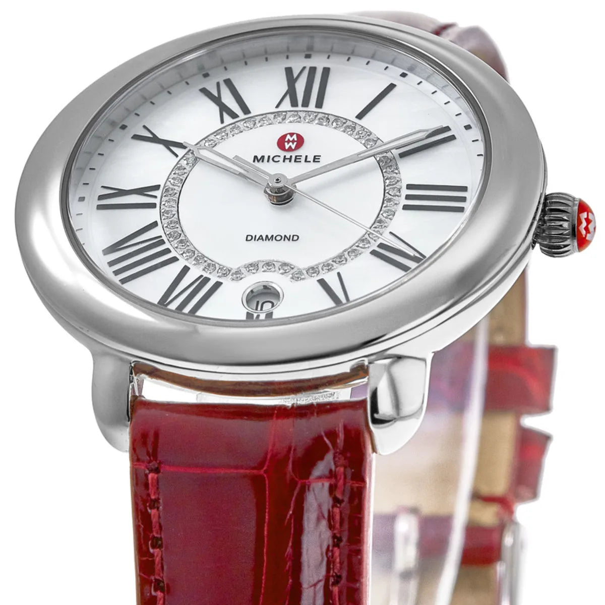 Michele Serein Mother of Pearl Dial Red Leather Strap Watch For Women - MWW21B000023