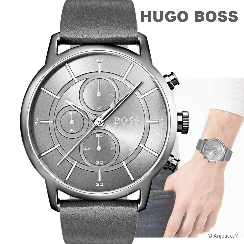 Hugo Boss Architectural Grey Dial Grey Leather Strap Watch for Men - 1513570