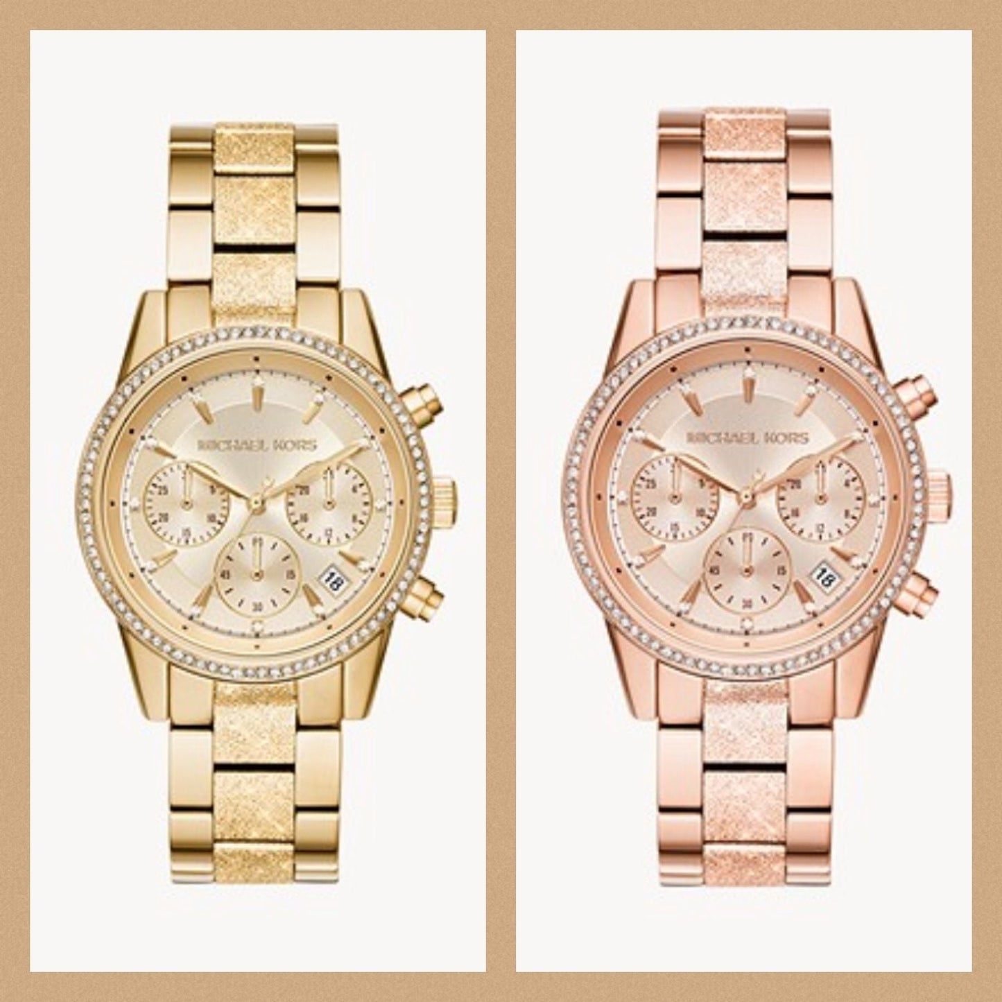 Michael Kors Ritz Chronograph Gold Dial Gold Steel Strap Watch For Women - MK6597