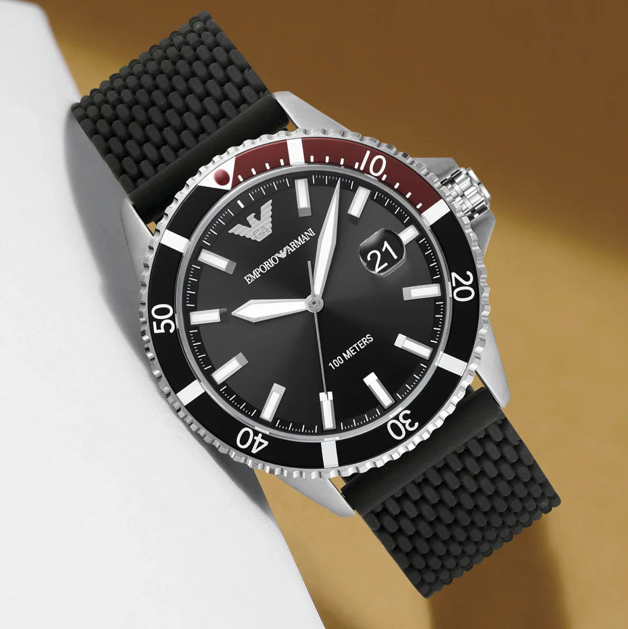 Emporio Armani Diver Black Dial Black Silicon Strap Watch for Men - AR11341