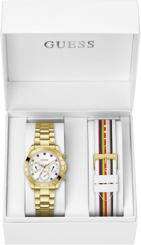 Guess Exclusive Multi Color White Dial Gold Steel Strap Watch for Women - GW0457L1