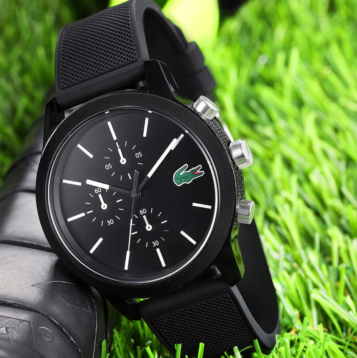 Lacoste 12.12 Chronograph Black Dial Black Silicone Strap Watch for Men - 2010972