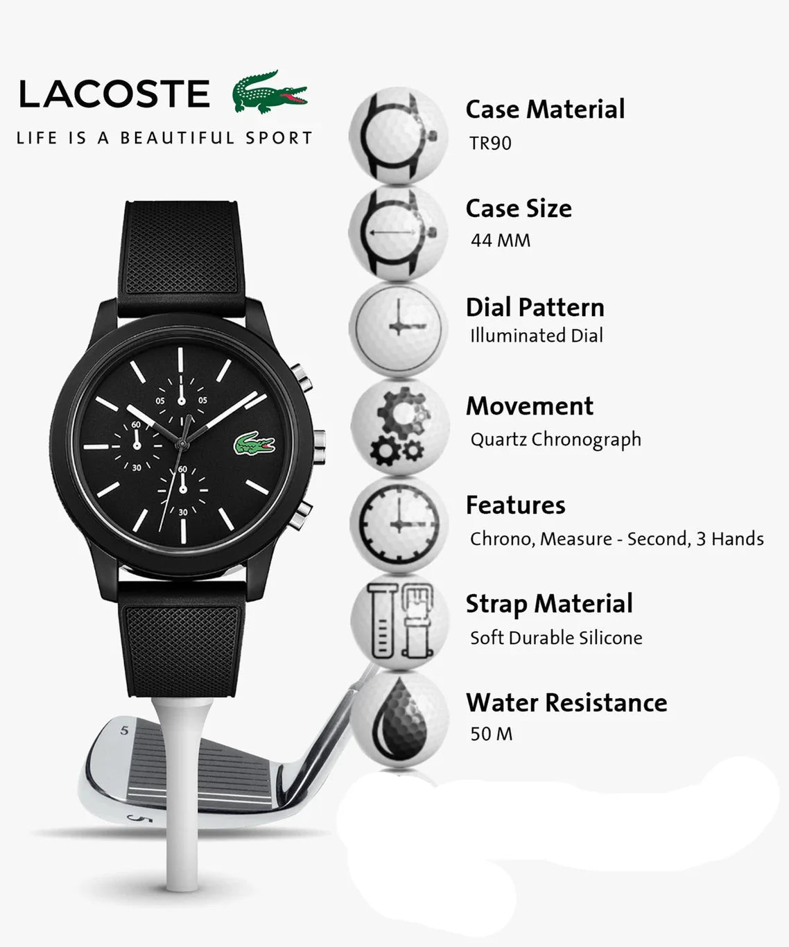 Lacoste 12.12 Chronograph Black Dial Black Silicone Strap Watch for Men - 2010972