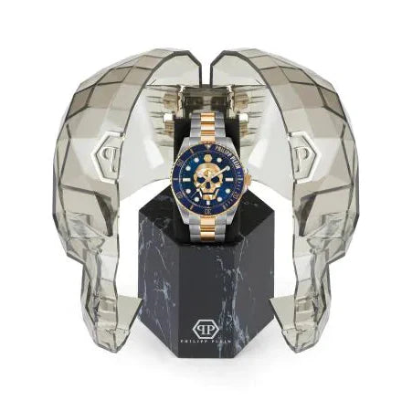 Philipp Plein The $kull Diver Blue Dial Silver With Gold Stainless Steel Strap Watch For Men- PWOAA0722