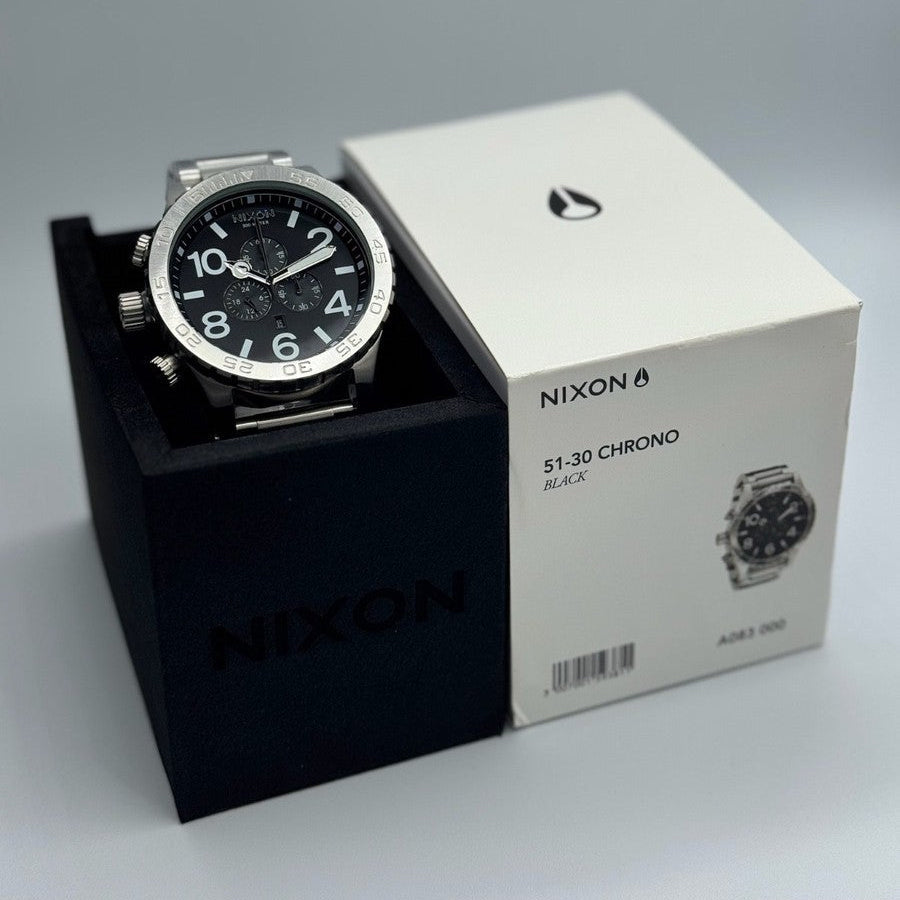 Nixon 51-30 Chrono Black Dial Silver Steel Strap Watch for Men - A083-000