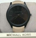 Michael Kors Slim Runway Black Dial Beige Leather Strap Watch For Men - MK8510