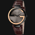 Gucci Interlocking G 18K Gold Black Dial Brown Leather Strap Watch For Women - YA133304