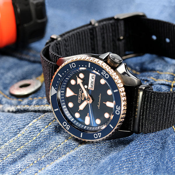Seiko 5 Sports Automatic Blue Dial Black NATO Strap Watch for Men - SBSA098