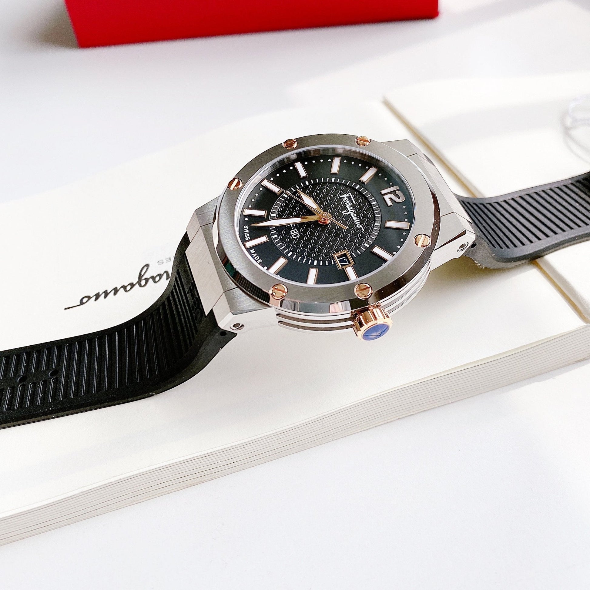 Salvatore Ferragamo F-80 Black Dial Black Rubber Strap Watch For Men - SFHY00120